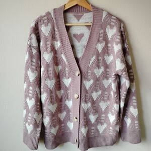 SHEIN Heart Patterned Mauve Size L Cardigan Sweater